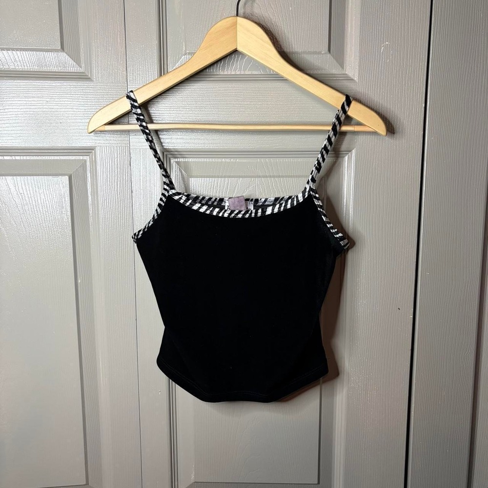 Rave City Y2K Zebra Striped Trim Velvet Tank Cami Top Black White Small